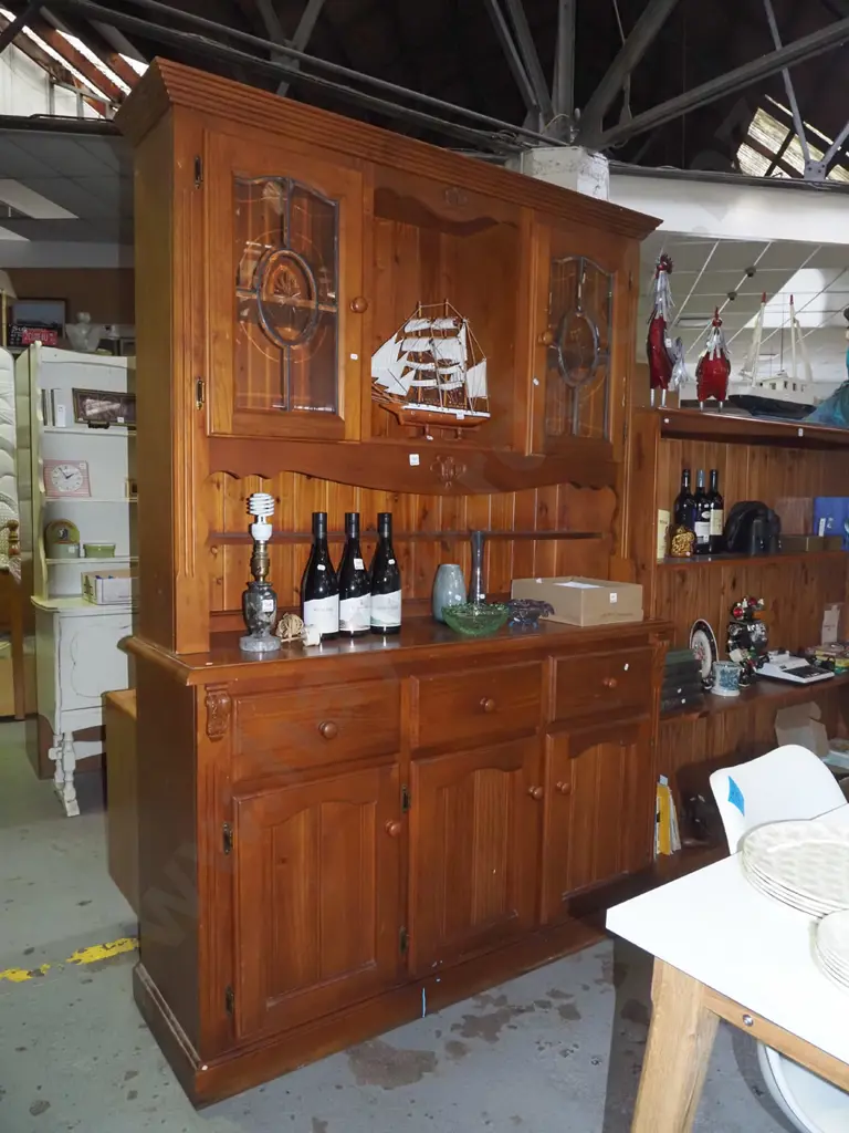 solid pine sideboard - 3 doors, 3 drawers, 3 cut glass leadlight doors H-2060 W-1340 D-450 Image 1++