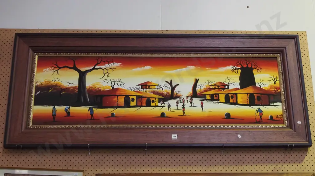 framed acrylic on board - African village scene Image 1++