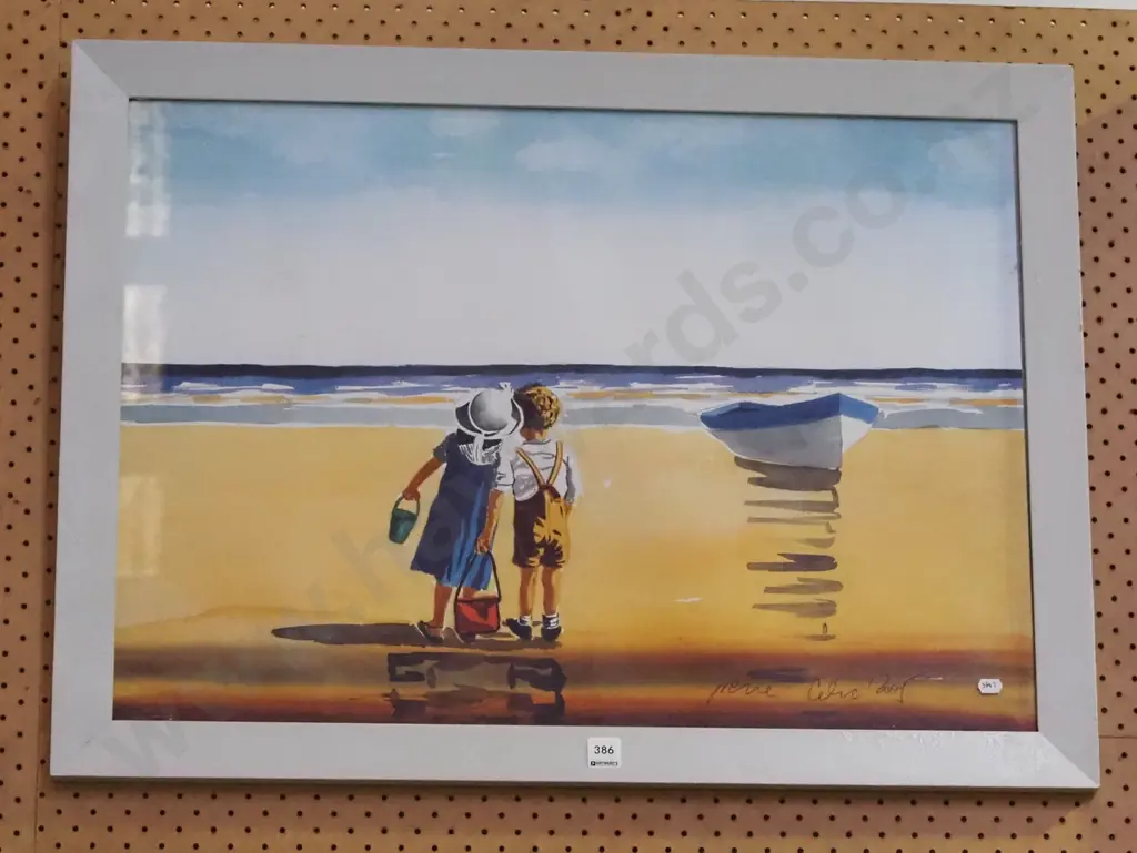 framed watercolour - children on beach Image 1++