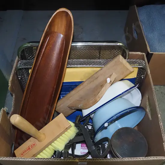 box; wall paper brusk, wooden float, enamel bowls etc