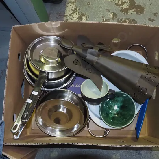 box; metal angel, steel pots, coffee cup etc