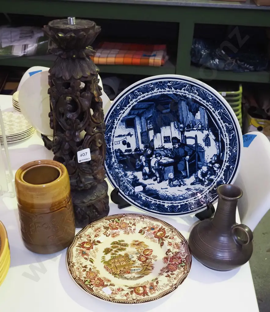 heavily pierced wooden lamp base, delft wall charger, Clarice Cliff plate etc Image 1++