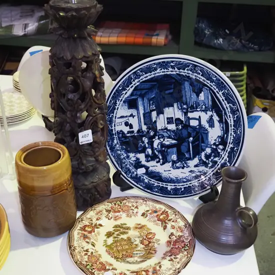 heavily pierced wooden lamp base, delft wall charger, Clarice Cliff plate etc