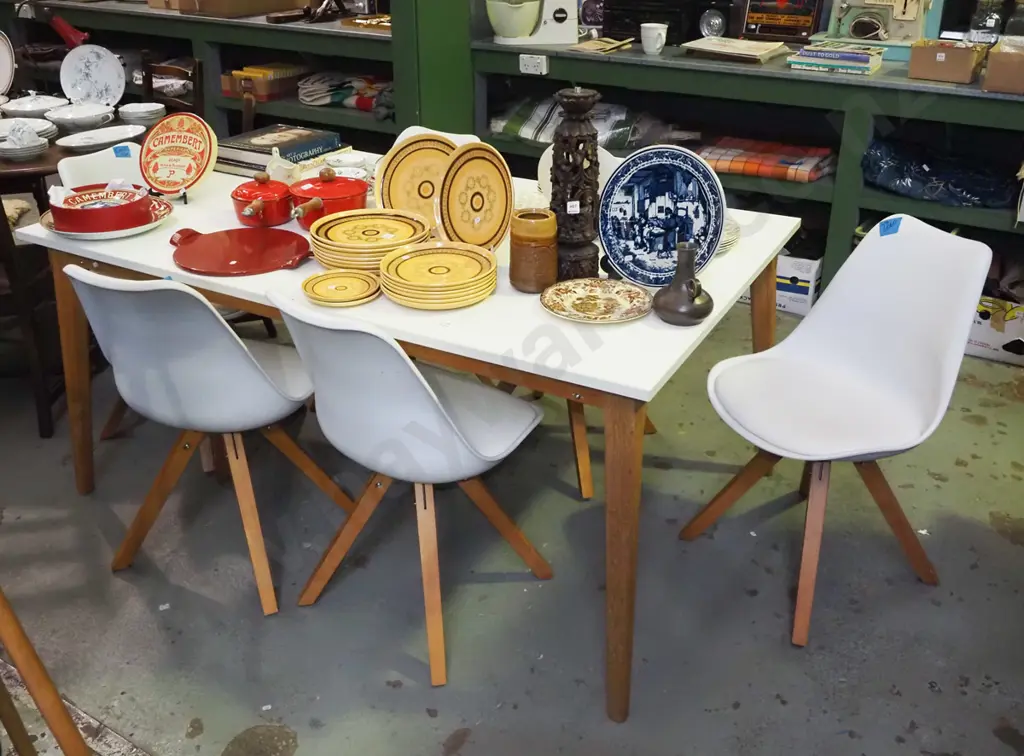 white melteca top dining table with oak legs and 6 white plastic chairs H-760 W-1650 D-1040 Image 1++