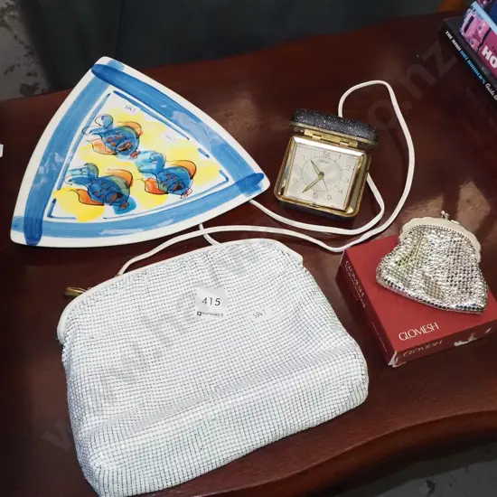 Oroton purses, studio pottery plate, travel alarm clock