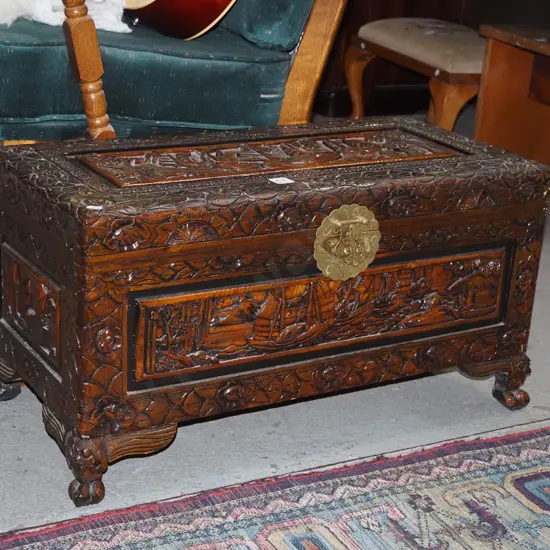 small carved camphorwood chest H-370 W-700 D-340