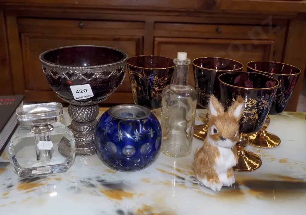 purple and gold glass goblets scent bottles, rabbit figurine etc Image 1++