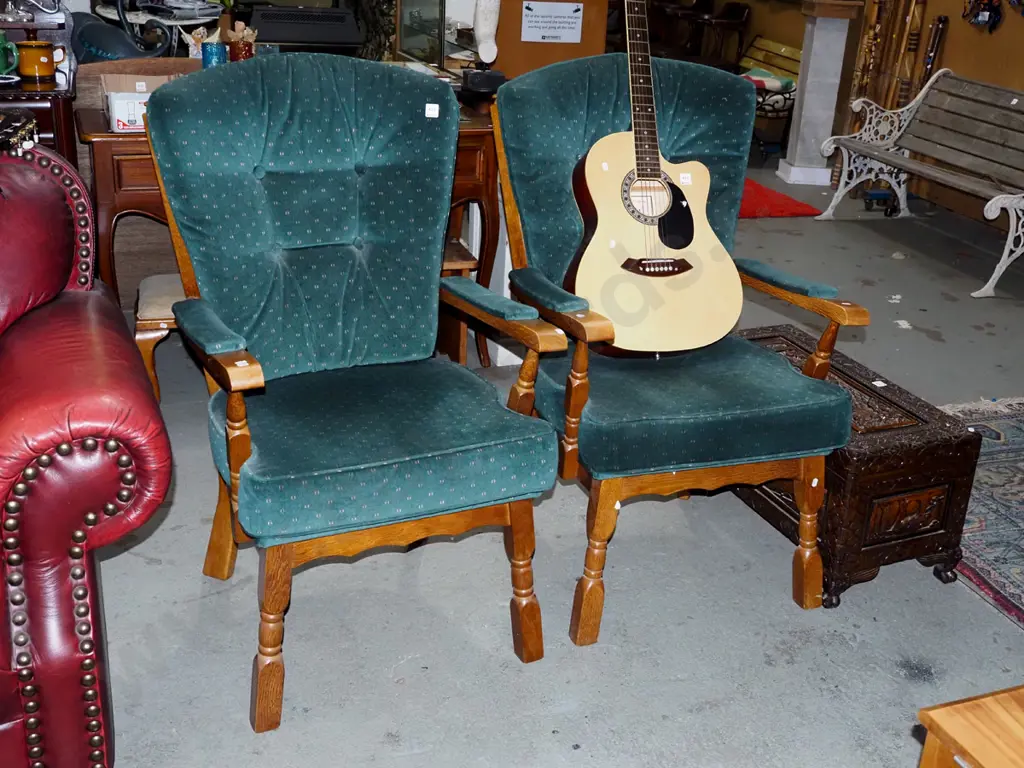 pair of oak and deep button armchairs Image 1++