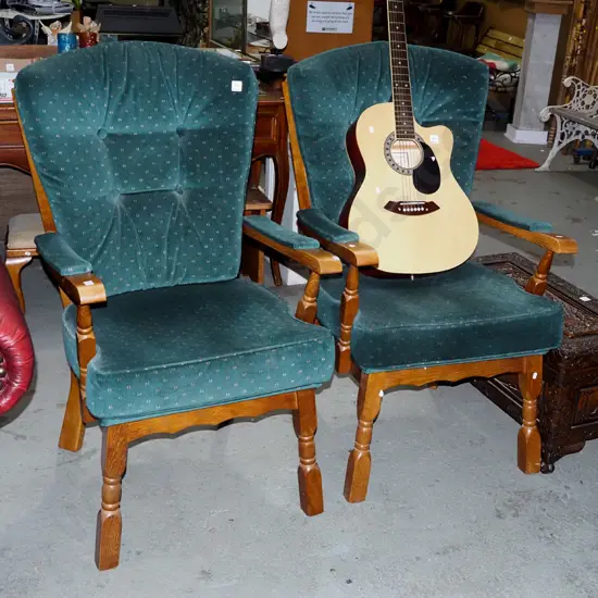 pair of oak and deep button armchairs