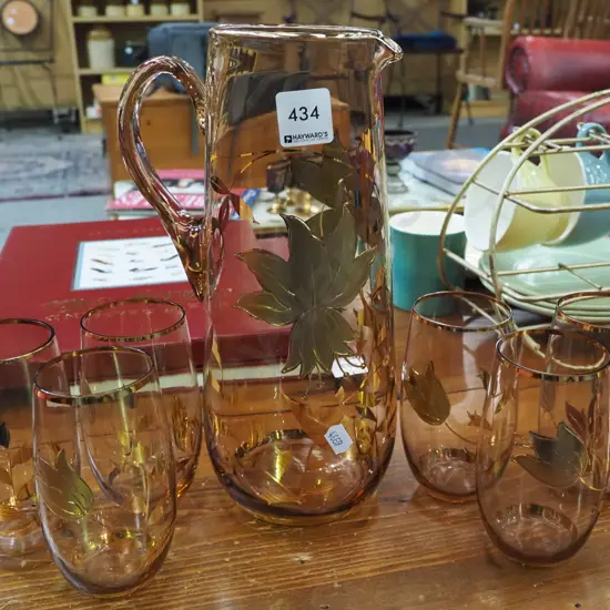 amber glass and gold water set with 6 tumblers