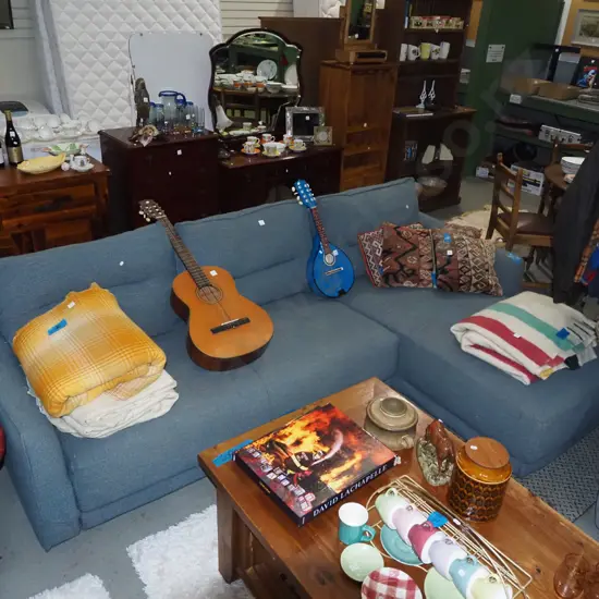 blue upholstered corner lounge suite H-800 W-2600 