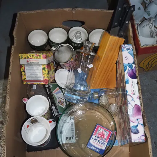 box; playing cards, cups, placemats, knife block etc