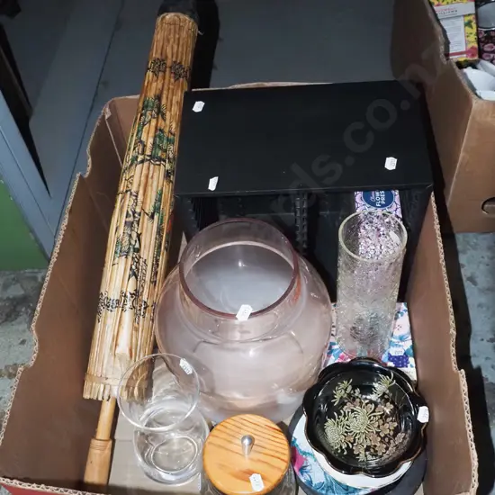 box; CD storage, glass vases, Asian umbrella etc