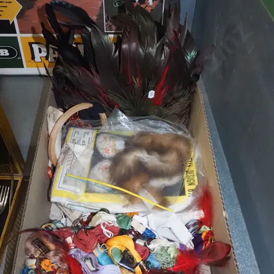 box;  tapestry threads, kits, feather fascinators etc