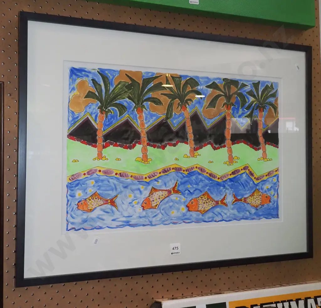 framed ink and watercolour - fish and palm trees Image 1++