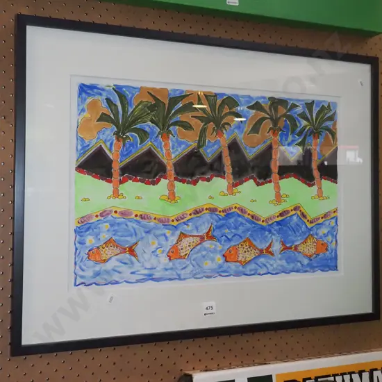 framed ink and watercolour - fish and palm trees