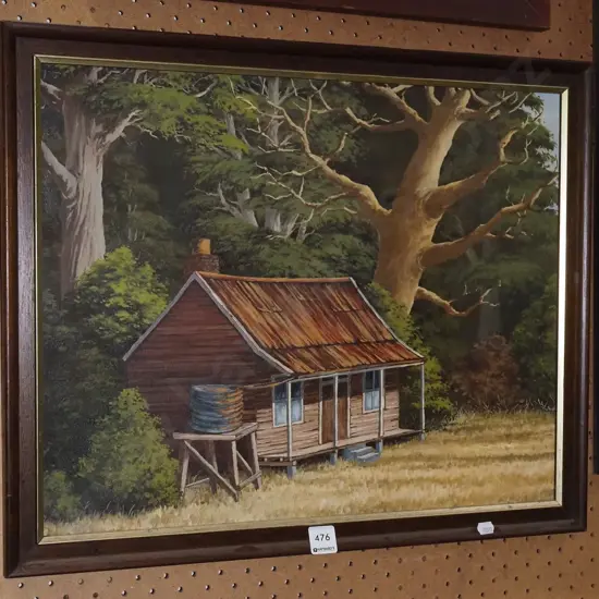 framed oil on board - hut near trees