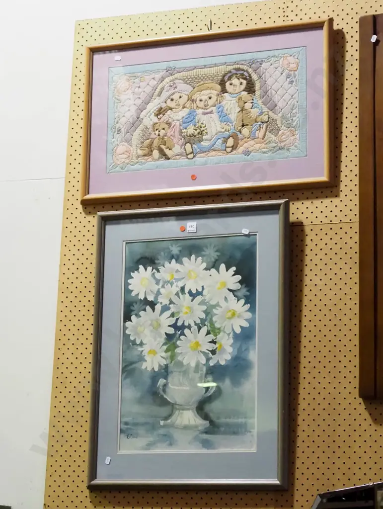 framed tapestry, watercolour - daisies - red dots Image 1++