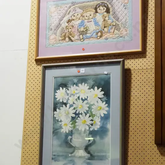 framed tapestry, watercolour - daisies - red dots
