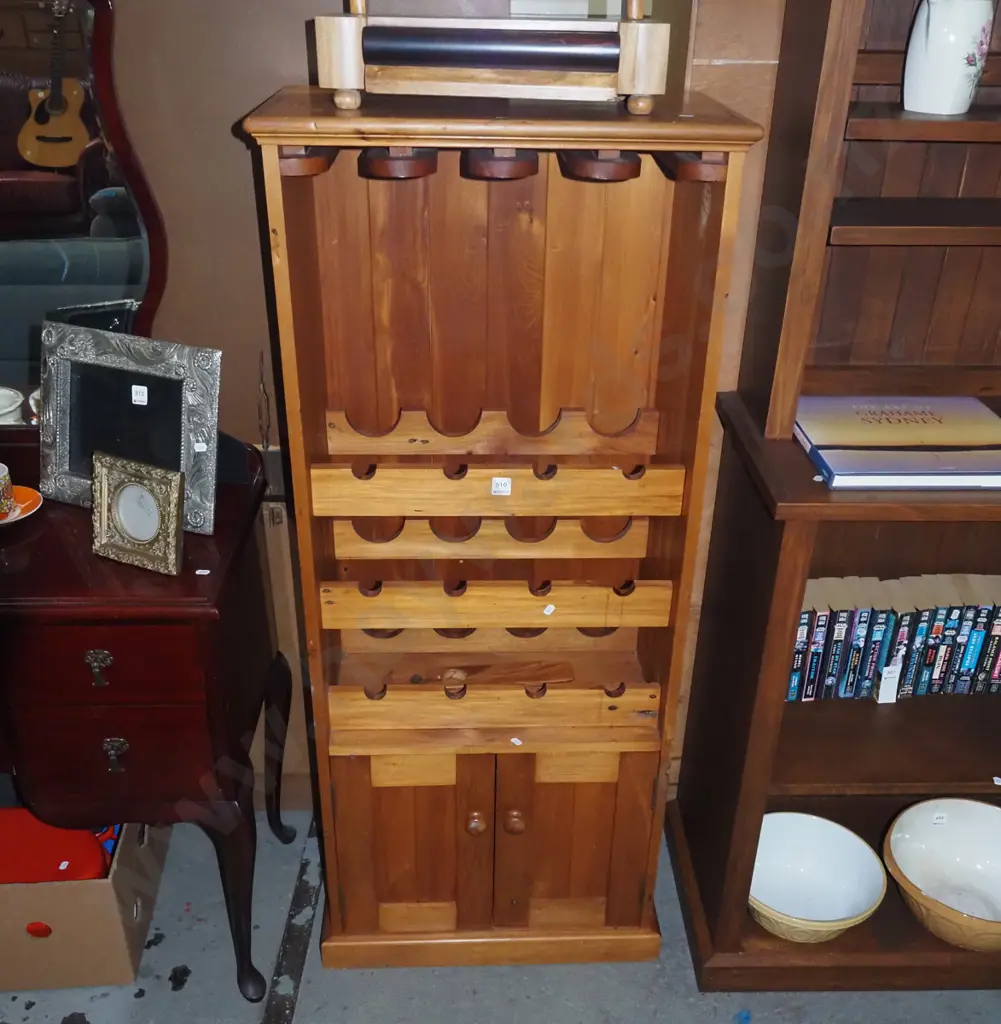 rimu 2 door cupboard with wine rack and hanging glass storage H-1130 W-570 D-340 Image 1++