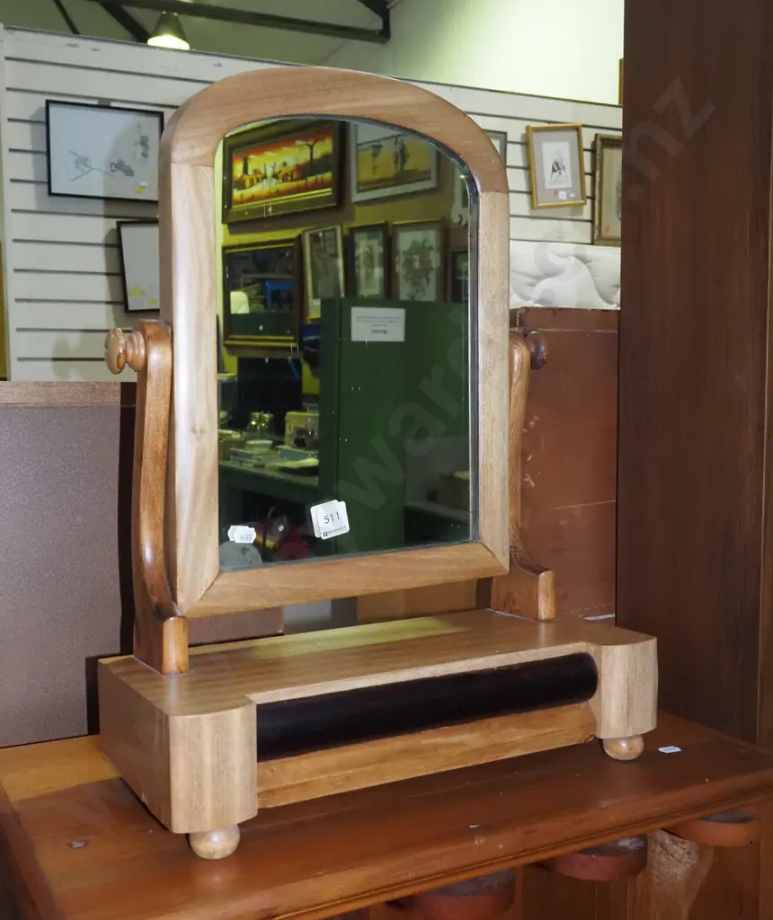 mahogany table top cheval mirror with lower drawer H-530  Image 1++