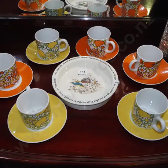 Wedgwood child's bowl, 6x Japanese retro cups and saucers