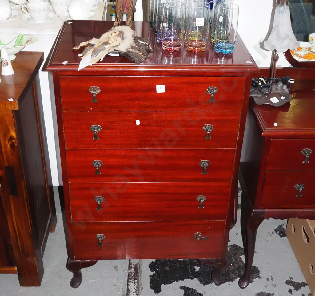 mahogany cab leg 5 drawer tall boy H-990 W-640 D-420 Image 1++