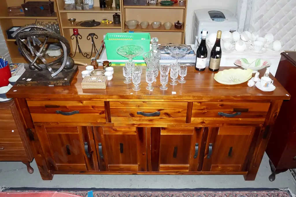 heavy pine sideboard with 4 solid doors, 3 drawers, bent metal handes H-860 W-1800 D-415 Image 1++