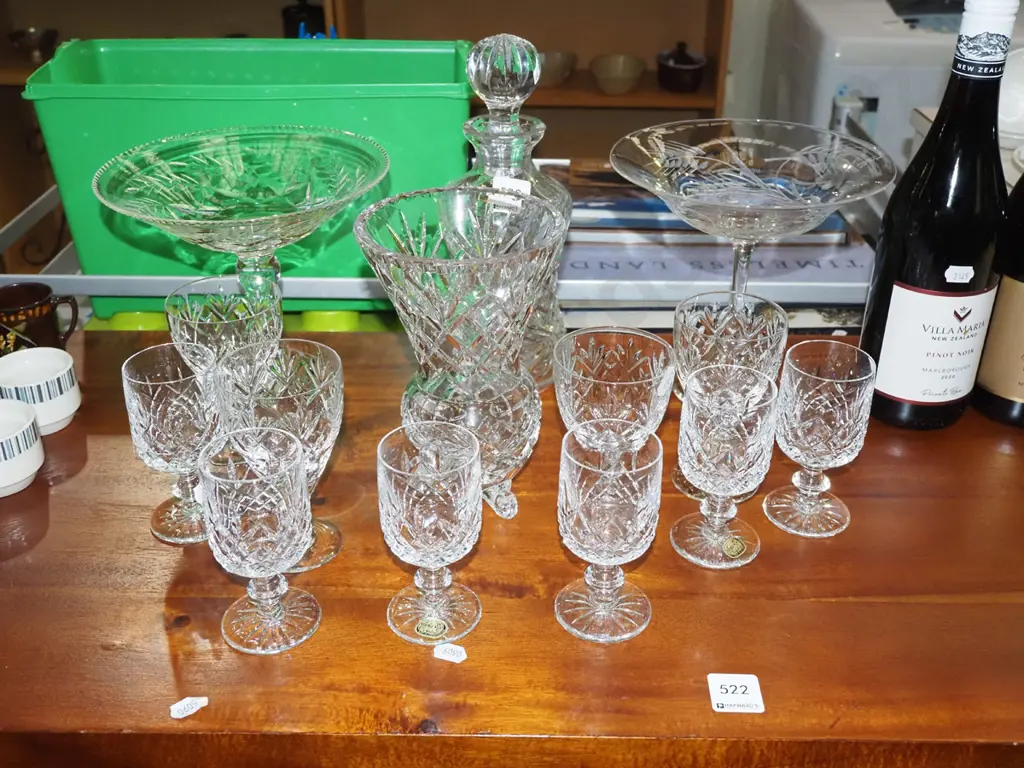 2x cut crystal comports, stopppered decanter, vases, decanter Image 1++