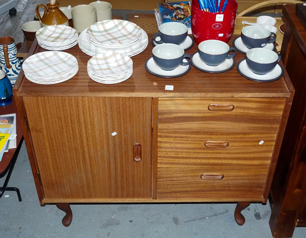 small mid-century pine and mahogany 1 door 3 drawer sideboard H-730 W-880 D-390 Image 1++