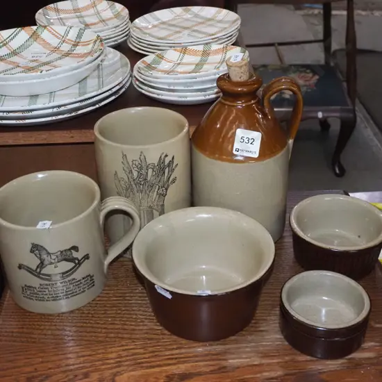 small baking dishes, large coffee mug, stoneware bottle etc