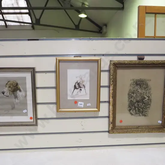 3x framed prints- dog, horse rider, midsommer nights dream - red dots