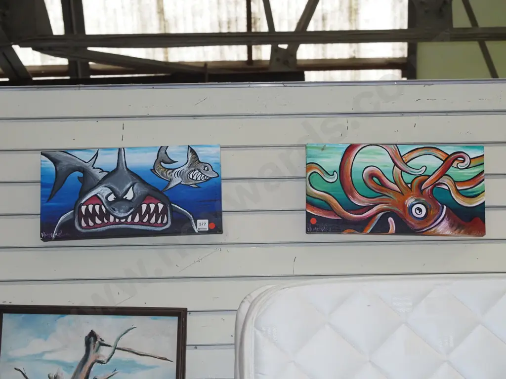 2x boxed acrylics on canvas - squid, sharks - red dots Image 1++