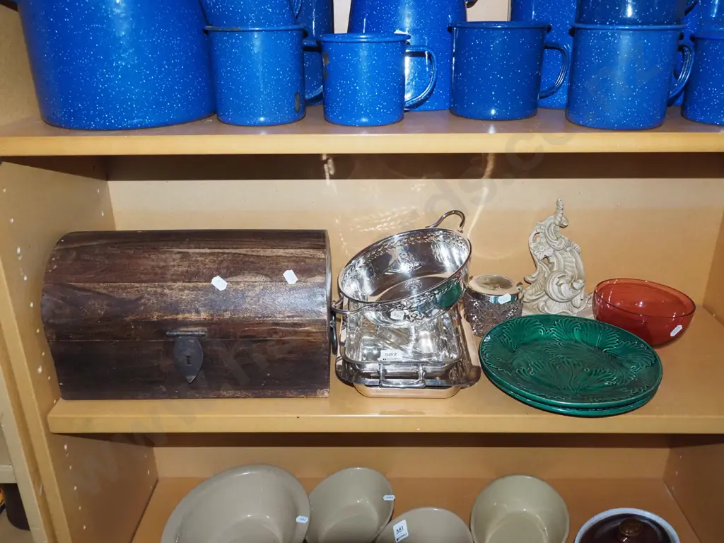 shelf; wooden barrel top chest, plated ware, Sarreguemines style plates Image 1++