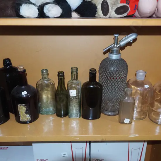 shelf; vintage bottles, soda syphon