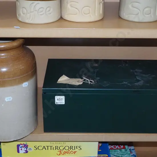 lockable metal chest, stoneware crock - key in office