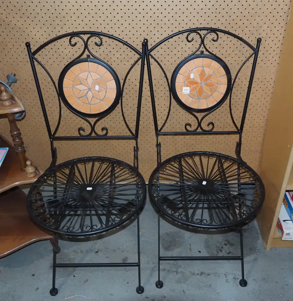 2x metal and mosaic outdoor chairs Image 1++