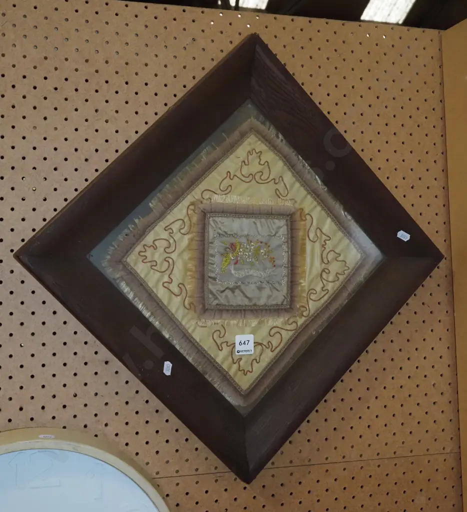 framed Victorian needlework on silk - forget me not Image 1++