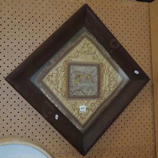 framed Victorian needlework on silk - forget me not