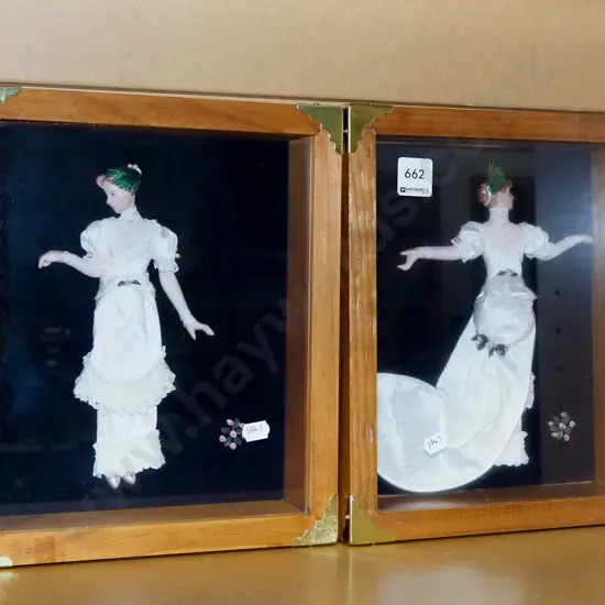 shadow boxes with dolls and wedding dresses
