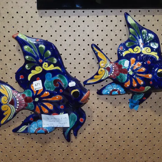 2x ceramic wall mounted pottery fish - damage and cracks