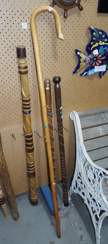 3x wooden walking sticks, shepherds crook - blue dots Image 1++