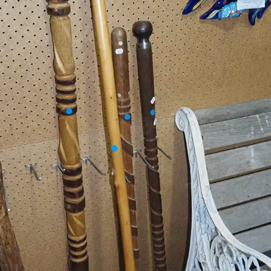3x wooden walking sticks, shepherds crook - blue dots