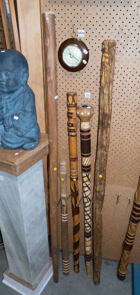 5x wooden walking sticks - yellow dots Image 1++