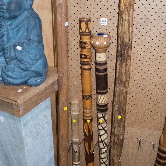 5x wooden walking sticks - yellow dots