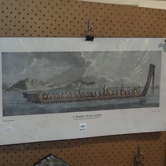 unframed historic print Maori war canoe