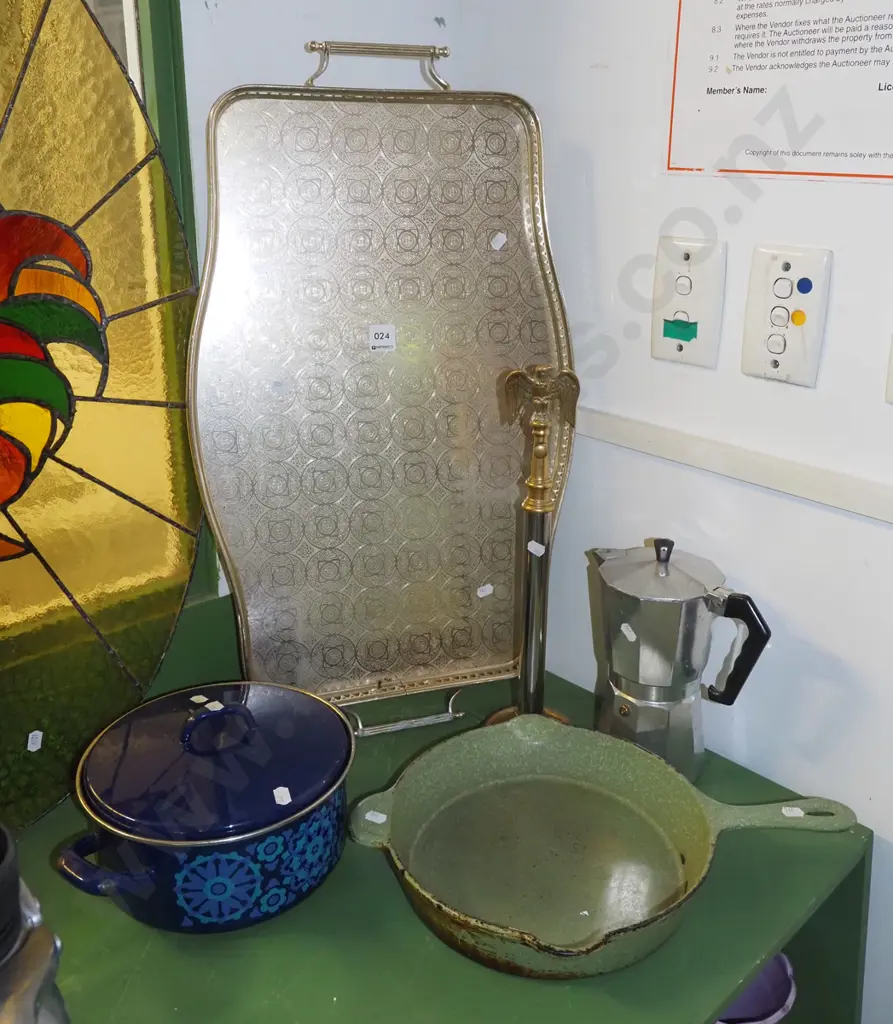plated tray, stove top espresso maker, casserole, frying pan, brass eagle on stand Image 1++