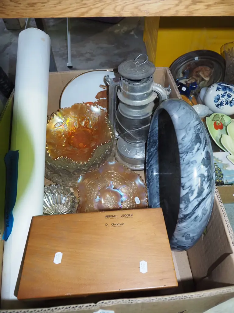 box; carnival glass bowls, hurricane lantern, stone float bowl etc Image 1++