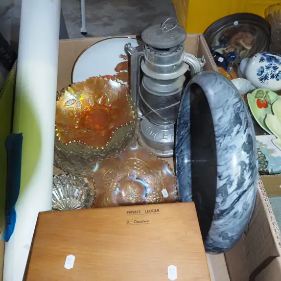 box; carnival glass bowls, hurricane lantern, stone float bowl etc