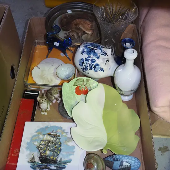 box; delft piggy bank, carlton dishes, tiles etc